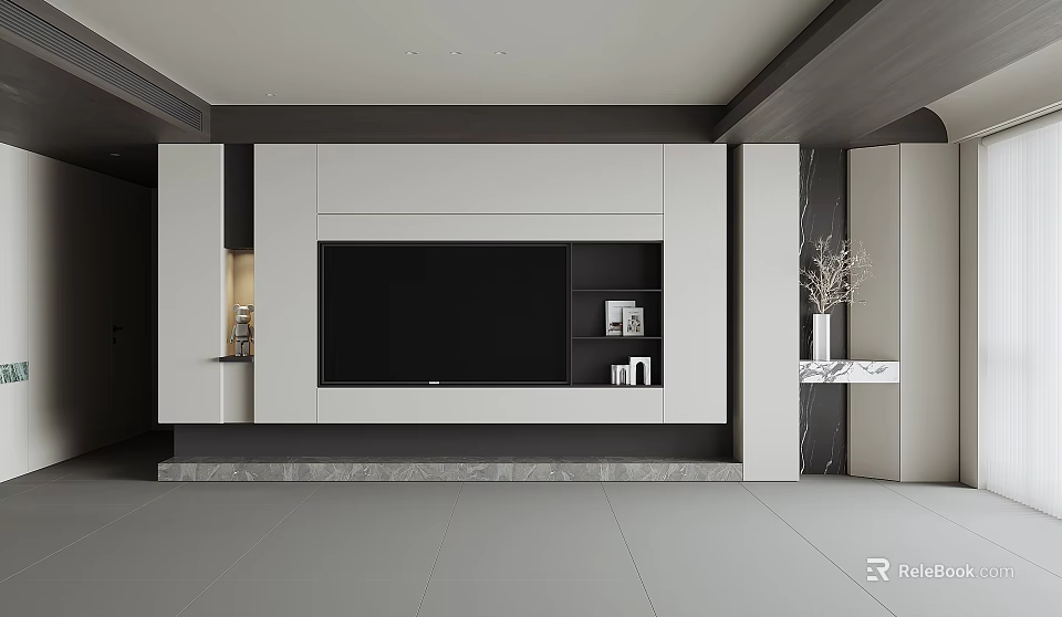 Modern TV Wall Design With White Panel Storage Shelves And Marble Base 3d model