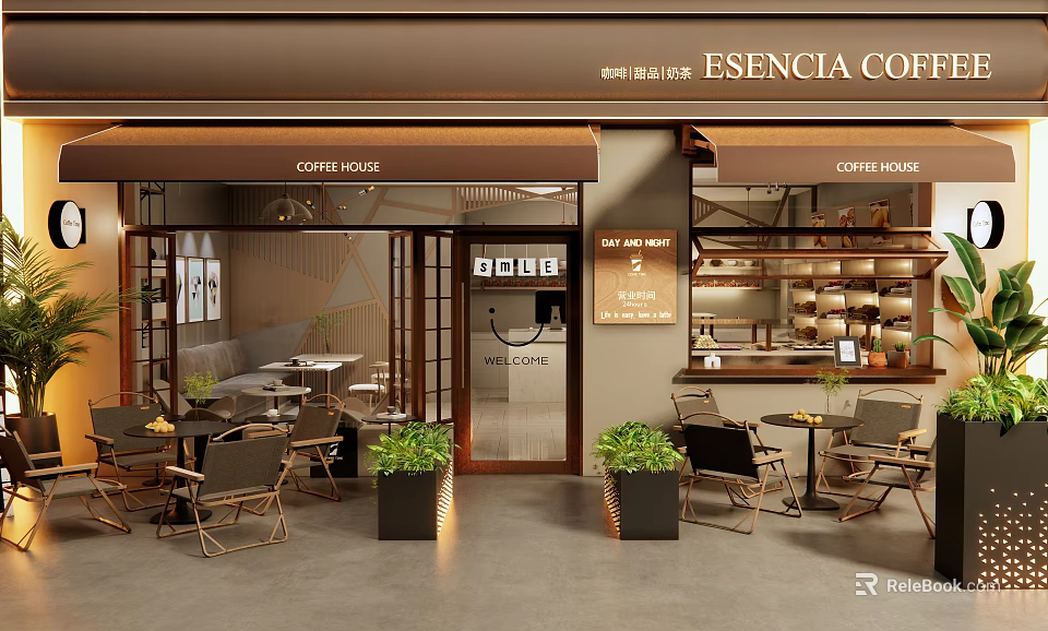 Esencia Coffee House Storefront Featuring Outdoor Seating Greenery And Open Sign 3d model 