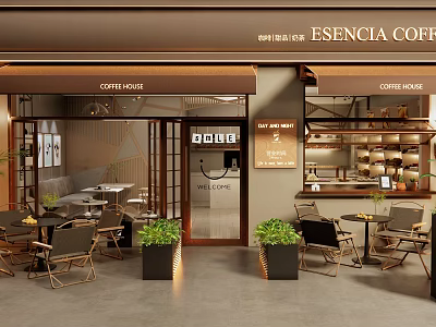 Esencia Coffee House Storefront Featuring Outdoor Seating Greenery And Open Sign 3d model
