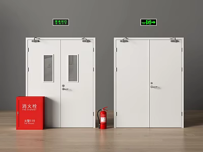 White Double Doors With Fire Extinguisher Safety Box And Emergency Exit Signs 3d model
