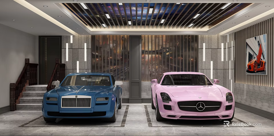 Modern Parking Garage Interior Design With Luxury Blue Pink Sports Cars And Ceiling Lighting 3d model 