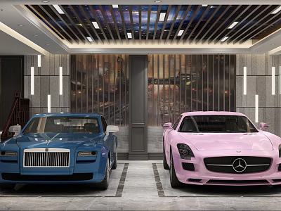 Modern Parking Garage Interior Design With Luxury Blue Pink Sports Cars And Ceiling Lighting 3d model