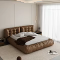 Modern Bedroom Interior With Brown Tufted Bed White Curtains And Soft Rug