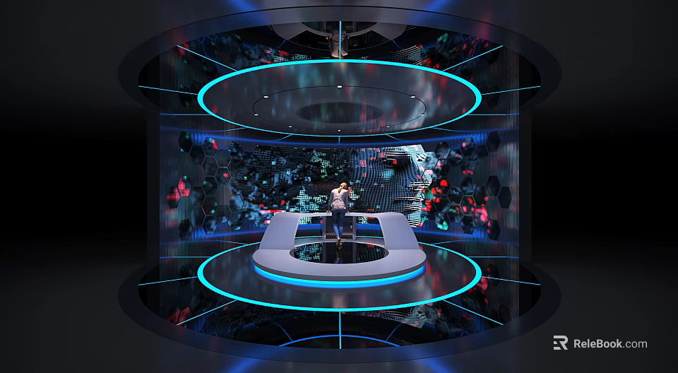 Hi Tech Exhibition Hall Featuring Circular Platform Blue Lighting Holographic Projections and Central Person Standing 3d model 