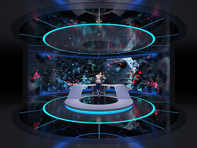 Hi Tech Exhibition Hall Featuring Circular Platform Blue Lighting Holographic Projections and Central Person Standing 3d model