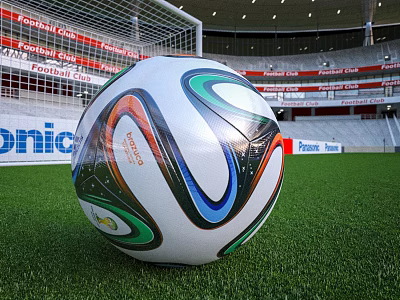 Professional Colorful Soccer Ball on Green Grass Football Field with Goal Net in Stadium 3d model