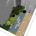 Beautiful Courtyard Garden With Lush Plants Trees Stone Path And Soft Lighting