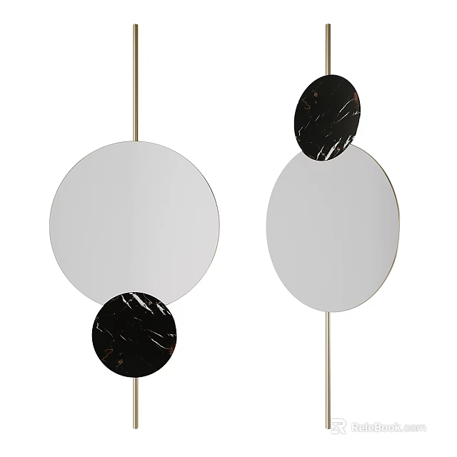 Stylish Circular Hanging Mirrors With Black Marble Accents On Top And Bottom 3d model 
