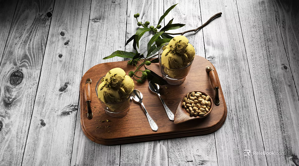 Creamy Homemade Ice Cream Scoops In Glass Cups With Roasted Nuts And Wooden Tray 3d model 