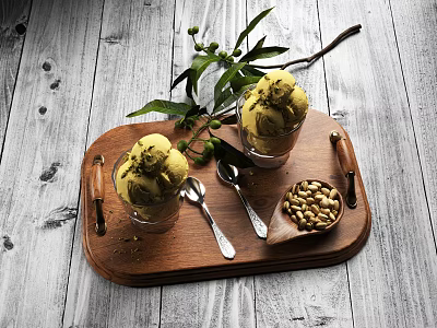 Creamy Homemade Ice Cream Scoops In Glass Cups With Roasted Nuts And Wooden Tray 3d model