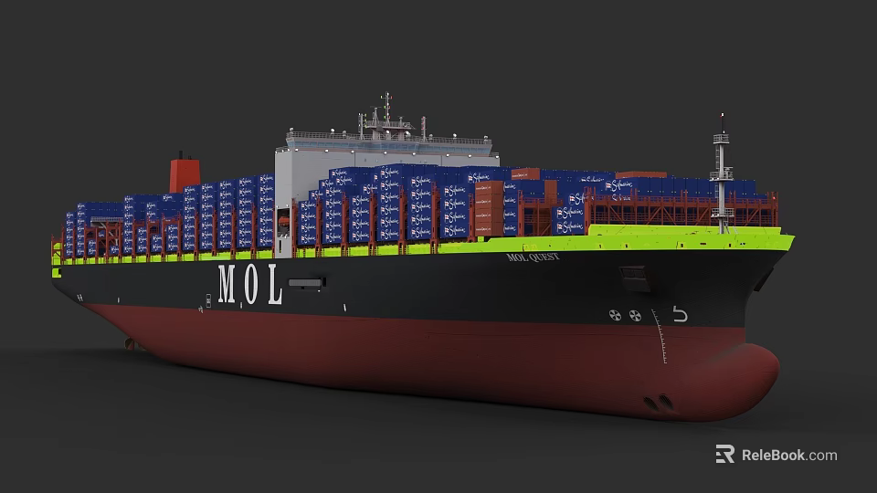 MOL Container Cargo Ship Featuring Blue Containers On Black Red Hull Deck 3d model