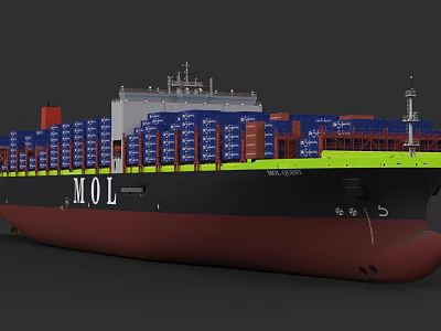 MOL Container Cargo Ship Featuring Blue Containers On Black Red Hull Deck 3d model