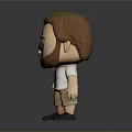 Cartoon Figurine Brown Hair Beard White T-Shirt Logo Khaki Shorts Black Shoes Hand on Hip