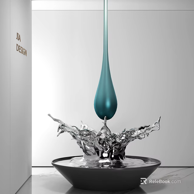 Modern Teardrop Shaped Sculpture with Silver Water Splash and Metallic Base Design 3d model 