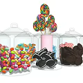 Pink Cup With Lollipops And Transparent Glass Jars Filled With Various Candies