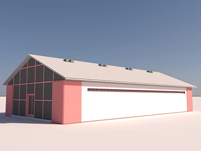 Industrial Warehouse Featuring Pink And White Walls Large Glass Windows White Roof And Ventilators 3d model