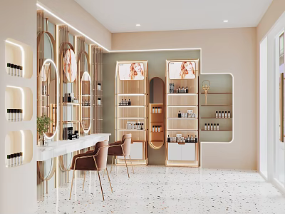 Elegant Cosmetic Store Interior With Display Shelves Mirrors And Chairs 3d model