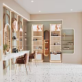 Elegant Cosmetic Store Interior With Display Shelves Mirrors And Chairs