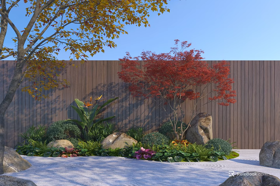 Diverse Plant Combination With Red Leaved Tree Yellow Leaved Tree Green Shrubs And Stones 3d model 