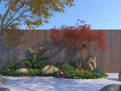 Diverse Plant Combination With Red Leaved Tree Yellow Leaved Tree Green Shrubs And Stones 3d model