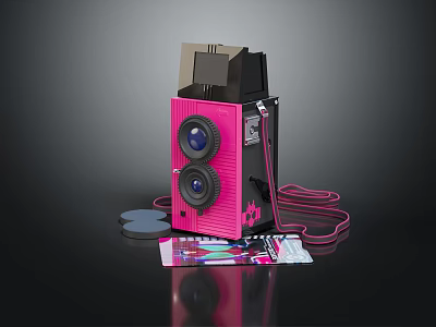 Pink Digital Camera With Vintage Style Design And Film Rolls Near Colorful 3d model