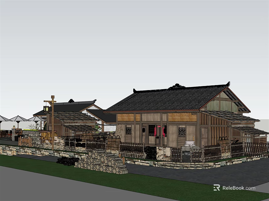 Traditional Chinese Ancient Village Architecture With Wooden Structure And Black Tile Roof 3d model 