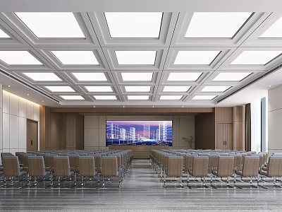 Spacious Modern School Conference Hall With Arranged Seats Large Screen And Square Ceiling Lights 3d model