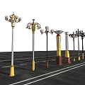Urban Road Facilities With Modern Street Lamps And Wet Road Surface At Night