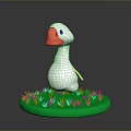 White Cartoon Duck Standing On Green Circular Grass With Orange Beak And Black Eyes