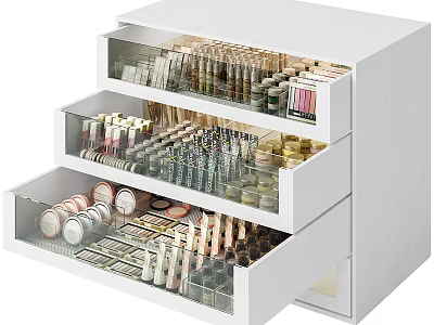 White Drawer Cosmetic Organizer Filled With Perfumes And Makeup Products 3d model
