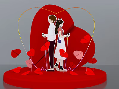 Romantic Couple Standing In Front Of Red Heart Decoration With Golden Lines And Petals 3d model