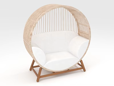 Comfortable Round Rattan Outdoor Chair With White Cushion And Wooden Legs 3d model
