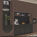 Modern Wooden Sideboard with Gray Doors Drawers Open Shelves Built-in Appliances and Plants