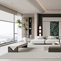 Modern Living Room Interior With Large Sofa Coffee Table Area Rug And Green Plants