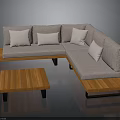 Modern Minimalist L Shaped Sofa With Wooden Coffee Table Footrest And Light Colored Cushions