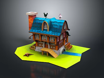 Cute Small Wooden House With Blue Roof Chimney And Green Grass Base 3d model