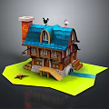 Cute Small Wooden House With Blue Roof Chimney And Green Grass Base