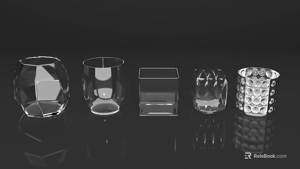 Five Transparent Glass Cups With Various Shapes For Modern Home Decoration 3d model 