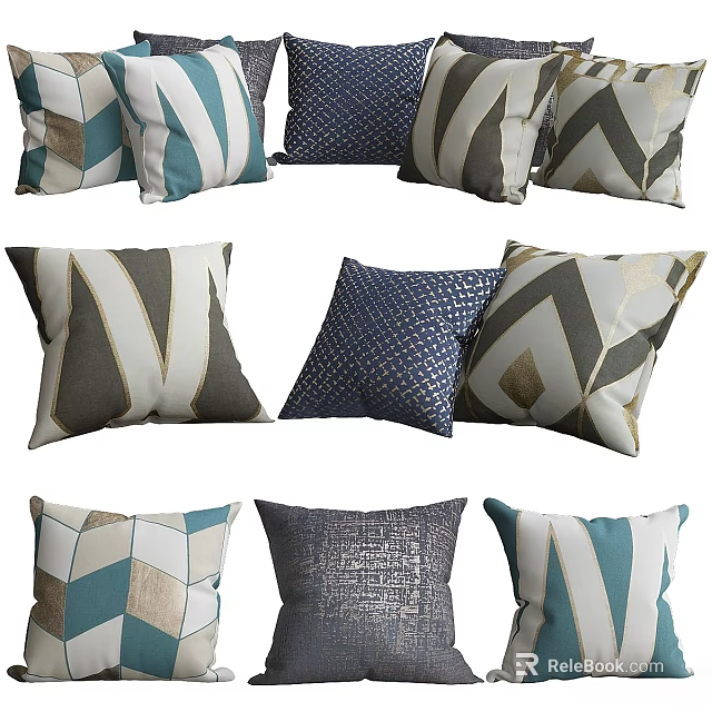 Decorative Throw Pillows With Geometric Patterns In Blue Grey Beige Gold Tones 3d model