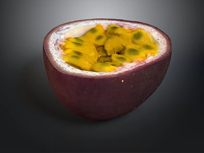 Fresh Halved Passion Fruit With Purple Skin Yellow Pulp And Black Seeds 3d model