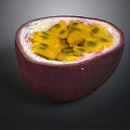 Fresh Halved Passion Fruit With Purple Skin Yellow Pulp And Black Seeds