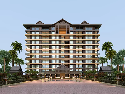 Multi story Hotel Building With Palm Trees Entrance Pavilion And Red Brick Pavement 3d model