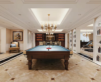Luxurious Entertainment Room Interior Design With Wooden Pool Table Chandelier Bookshelves And Marble Flooring 3d model