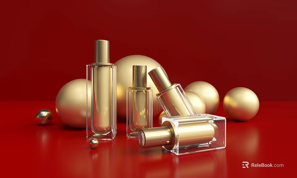 Elegant Luxury Perfume Cosmetics With Transparent Bottles Gold Caps And Spheres On Red Background 3d model 