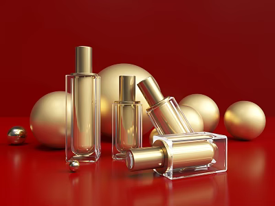 Elegant Luxury Perfume Cosmetics With Transparent Bottles Gold Caps And Spheres On Red Background 3d model