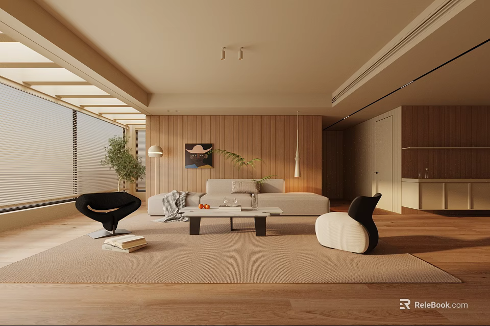 Modern Living Room Interior Featuring Wooden Walls Sofa Area Rug And Decorative Artwork 3d model 