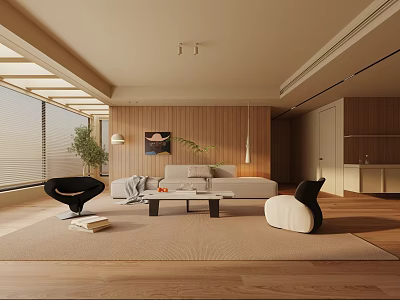 Modern Living Room Interior Featuring Wooden Walls Sofa Area Rug And Decorative Artwork 3d model