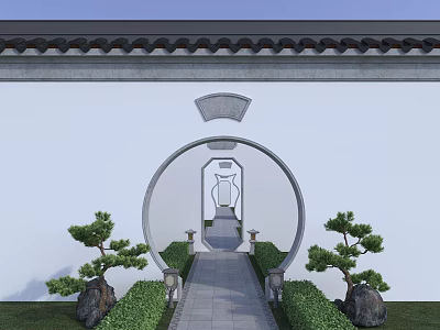 Traditional Chinese Circular Archway With White Walls Tiled Roof Stone Path And Symmetric Pine Trees 3d model