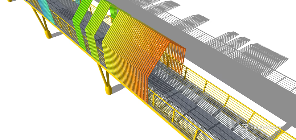 Modern Landscape Bridge With Colorful Geometric Structure Yellow Railings And Gray Mesh Deck 3d model 