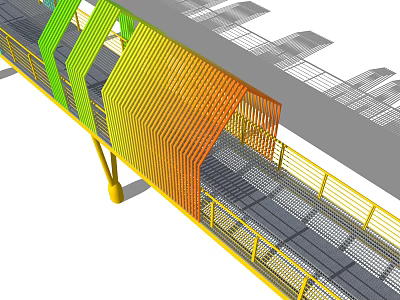 Modern Landscape Bridge With Colorful Geometric Structure Yellow Railings And Gray Mesh Deck 3d model